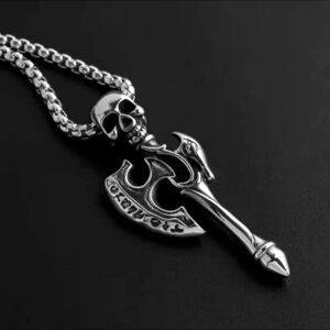 Silver Plated Skull Axe Pendant Necklace 24" Chain